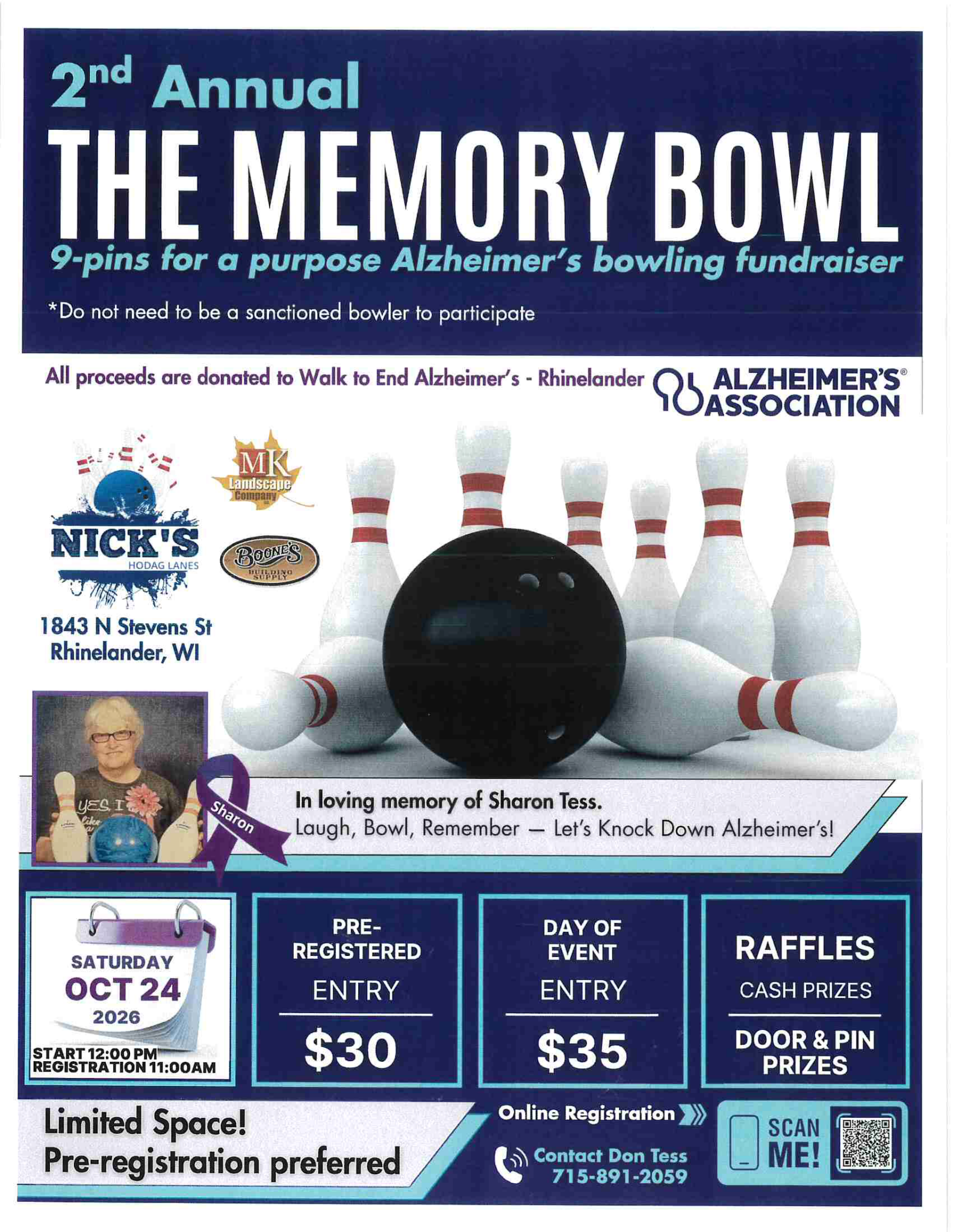 Flyer for the 2nd Annual Memory Bowl Alzheimer’s fundraising bowling tournament on October 24, 2026, featuring entry fees, raffle details, and registration information.