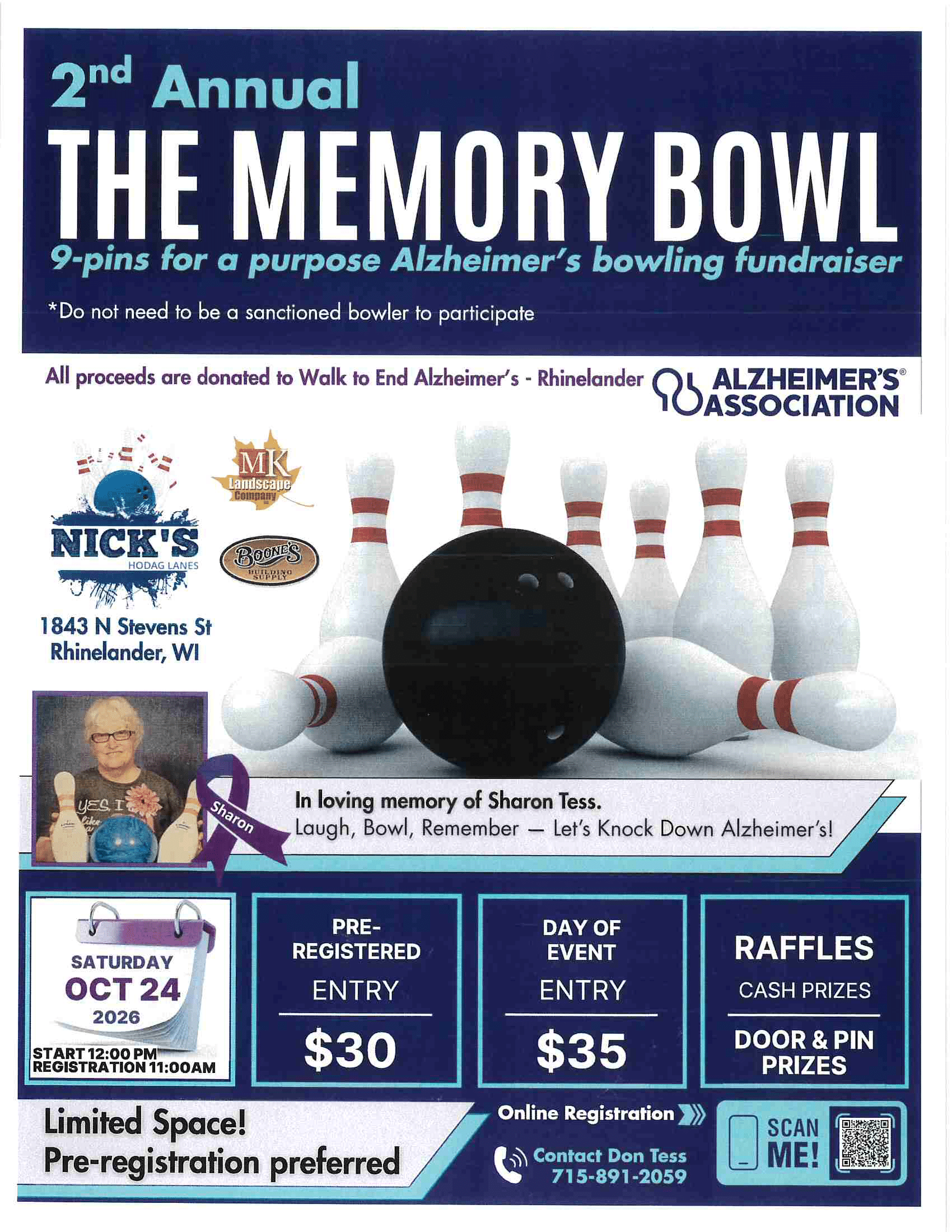 Flyer for the 2nd Annual Memory Bowl Alzheimer’s fundraising bowling tournament on October 24, 2026, featuring entry fees, raffle details, and registration information.