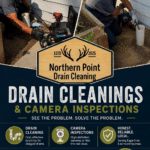 Northern Point Drain Cleaning advertisement featuring photos of a technician using inspection equipment, company contact information, service details, and pricing.