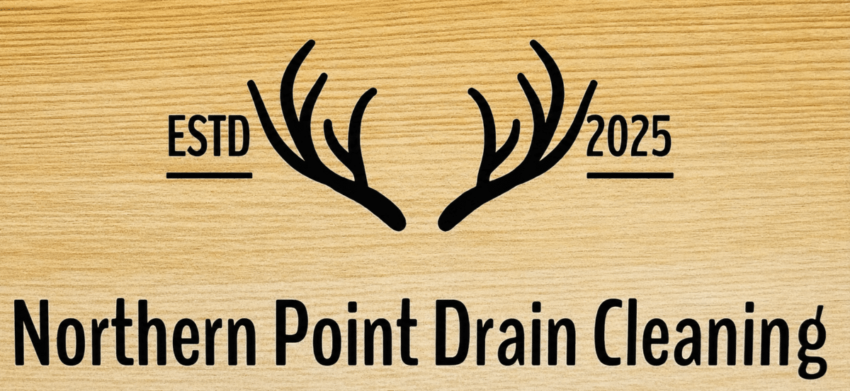 npdc logo clearer Logo for Northern Point Drain Cleaning featuring a stylized antler icon, the text “ESTD 2025,” and a wood grain background.