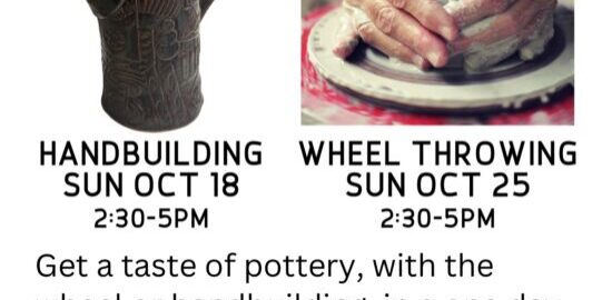 Flyer for Muddy Hands Clay pottery classes, showing a ceramic pitcher and hands shaping clay; class dates are October 18 and 25, from 2:30–5pm, $50 per session at Warehouse Community Arts Center.
