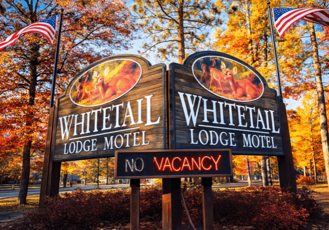 Wooden Whitetail Lodge Motel sign with deer images, flanked by American flags, displays a neon “No Vacancy” message amid autumn trees.