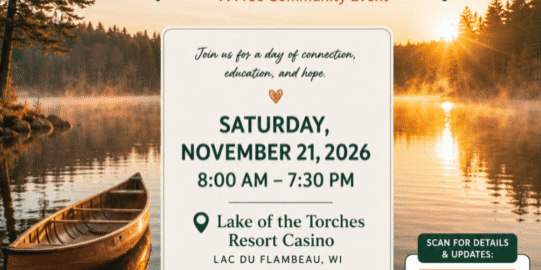 Event flyer for “Real Talk Recovery,” a free community event on Nov. 21, 2026, at Lake of the Torches Resort Casino, with schedule details and a QR code for more info.