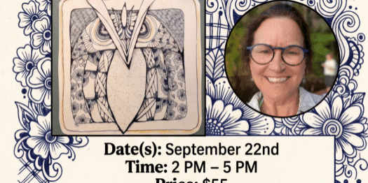 Flyer for a Zentangle Owl Class with an illustrated owl, a photo of the instructor, event details, and registration information on a floral background.