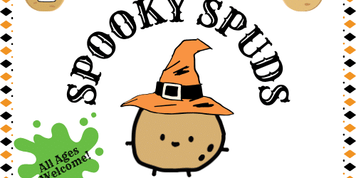 Flyer for “Spooky Spuds” event with cartoon potatoes dressed as a ghost, pumpkin, and witch; Thursday, October 22, 4:30-6:00 pm at Walter E. Olson Library. All ages welcome.