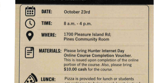 Flyer for Hunter Safety Field Day with event details, materials required, lunch info, registration instructions, and a silhouette of a deer against a sunset.