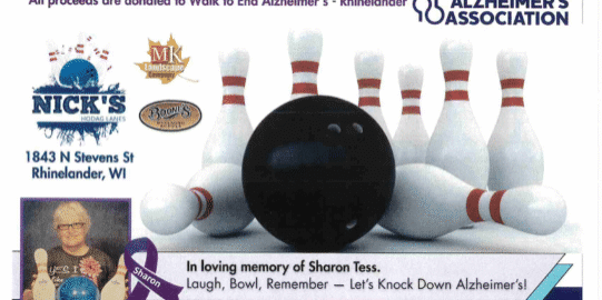 Flyer for the 2nd Annual Memory Bowl Alzheimer’s fundraising bowling tournament on October 24, 2026, featuring entry fees, raffle details, and registration information.