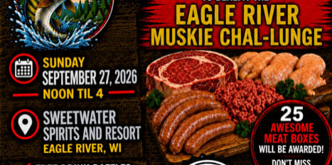 Poster advertising a meat raffle event benefiting veterans, held at Sweetwater Spirits and Resort, Eagle River, WI, on September 27, 2026, from noon to 4 PM.