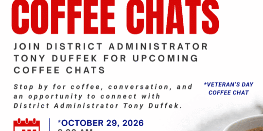 Flyer for District Administrator Coffee Chats, with coffee cup image, dates and locations listed, and Northland Pines School District logo in top right corner.