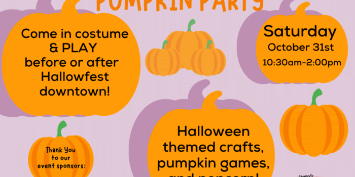 Invitation flyer for the Northwoods Children’s Museum’s Pumpkin Party with event details, pumpkins, sponsor logos, and Halloween-themed activities listed.
