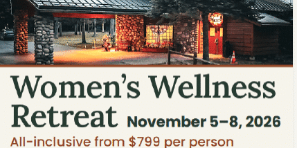 Event flyer for a Women’s Wellness Retreat at Whitetail Lodge in St. Germain, WI, held November 5–8, 2026, starting at $799 per person.