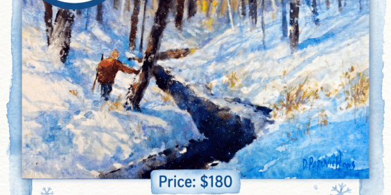 A person walks through a snowy forest, pulling a sled, under a blue-toned winter sky, promoting a winter watercolor workshop hosted by LOLA Arts, December 7–8, 2026.