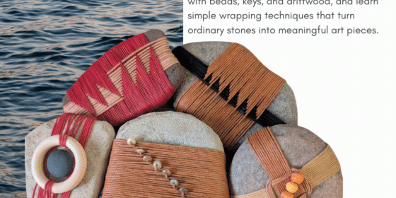 Flyer advertising a rock wrapping art class with wrapped stones, class details, contact info, and instructor name on a blue and beige background.