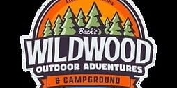 Logo for "Back's Wildwood Outdoor Adventures & Campground" featuring pine trees, a sun, and the slogan "Livin' The Dream" in an orange and green color scheme.