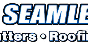 Logo for AA Seamless LLC with bold blue text reading “Gutters · Roofing” below the company name.
