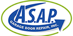 Logo of ASAP Garage Door Repair, Inc. with "A.S.A.P" in bold blue letters, surrounded by a green oval and an arrow pointing right, symbolizing quick and reliable garage door services.