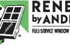 Renewal by Andersen logo with a worker holding a window and text: “Full-Service Window & Door Replacement.”.