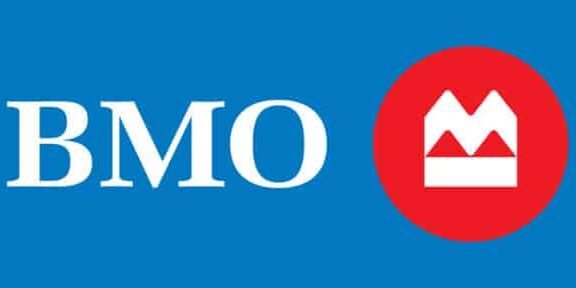 BMO logo featuring white "BMO" text next to a red circle with a stylized white mountain inside, on a blue background.