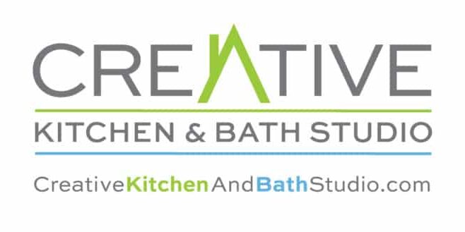 Logo for Creative Kitchen & Bath Studio, featuring a stylized green "A" in "CREATIVE," highlights kitchen design expertise. Website address creativekitchenandbathstudio.com appears below.