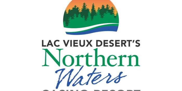 Logo for Lac Vieux Desert's Northern Waters Casino Resort featuring a sunset, trees, and water wave design above the text.