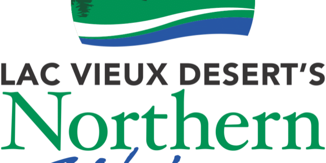 Logo for Lac Vieux Desert's Northern Waters Casino Resort featuring a sunset, trees, and water wave design above the text.