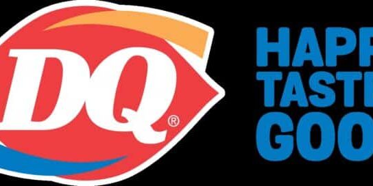 Dairy Queen logo next to the slogan "Happy Tastes Good" in bold blue text.