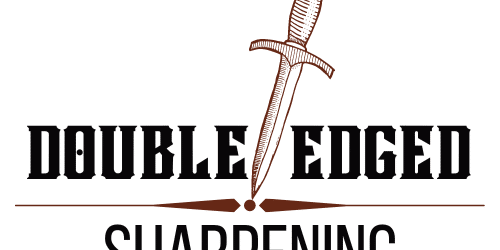 Logo with a sword image and the text "Double Edged Sharpening." The sword is positioned between the words "Double Edged" and "Sharpening.