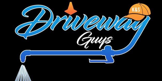 A logo for "Driveway Guys" featuring the text in blue, a traffic cone and orange cap with "K&S," and an illustration of a spray wand with water jets on freshly laid asphalt, all set against a black background.