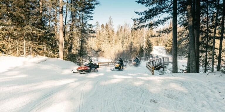 Two people ride snowmobiles on a snow-covered trail surrounded by trees under a clear sky.