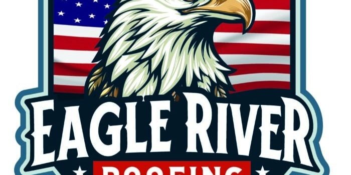 Logo of Eagle River Roofing features a detailed illustration of a bald eagle head in front of an American flag within a shield-shaped border.