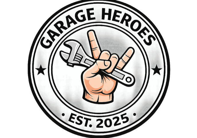 A circular logo with the text "Garage Heroes" at the top and "Est. 2025" at the bottom, featuring a hand holding a wrench and making a rock-and-roll gesture.