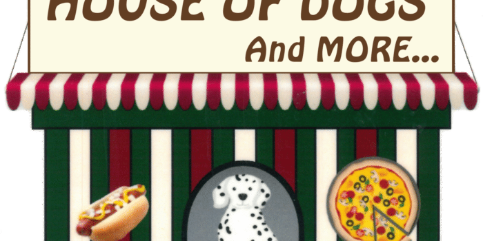 Cartoon storefront with a striped red, green, and white awning, a Dalmatian in the center, a hot dog on the left, a pizza on the right, and a sign reading “JJ’s HOUSE OF DOGS And MORE...”.