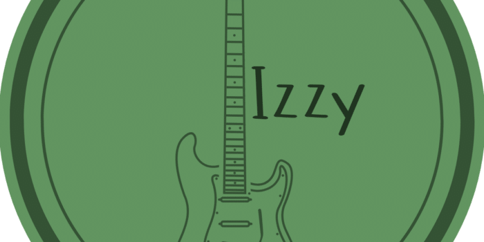 A green circular logo featuring an illustration of an electric guitar with the text "Izzy" next to it.