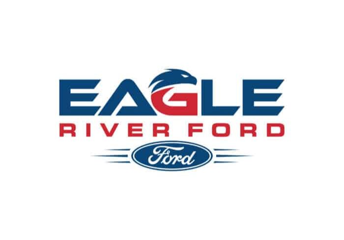 Logo for Eagle River Ford dealership featuring bold blue and red text with an eagle head integrated into the letter "G" and the Ford emblem below.