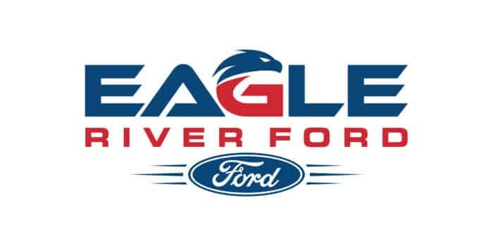 Logo for Eagle River Ford dealership featuring bold blue and red text with an eagle head integrated into the letter "G" and the Ford emblem below.