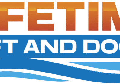 The image shows the "Lifetime Lift and Dock" logo with gradient orange text and blue wave graphics.