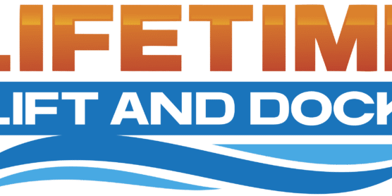 The image shows the "Lifetime Lift and Dock" logo with gradient orange text and blue wave graphics.