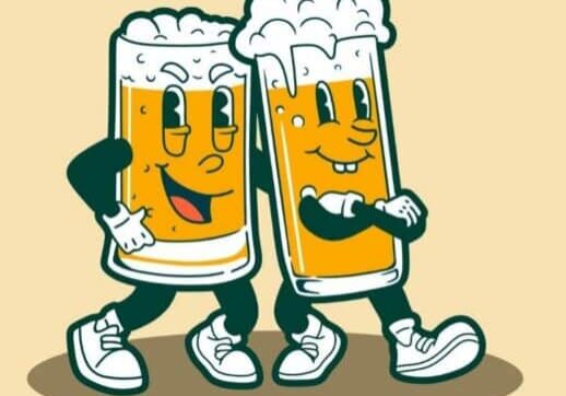 Cartoon illustration of two beer glasses with faces, arms, and legs walking together under the text "Brothermanz Bar.