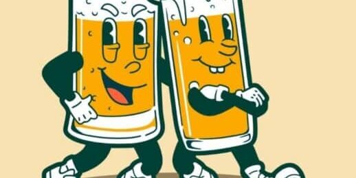 Cartoon illustration of two beer glasses with faces, arms, and legs walking together under the text "Brothermanz Bar.