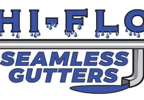 Logo for Hi-Flo Seamless Gutters with blue text and water drops, featuring a gutter illustration underneath the business name.