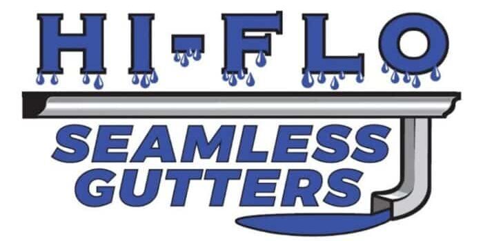 Logo for Hi-Flo Seamless Gutters with blue text and water drops, featuring a gutter illustration underneath the business name.