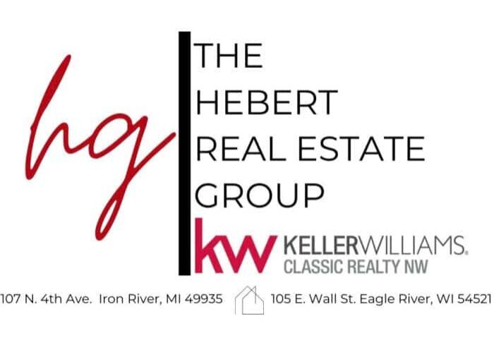 The Hebert Real Estate Group logo with Keller Williams branding, including contact addresses in Iron River, MI and Eagle River, WI.