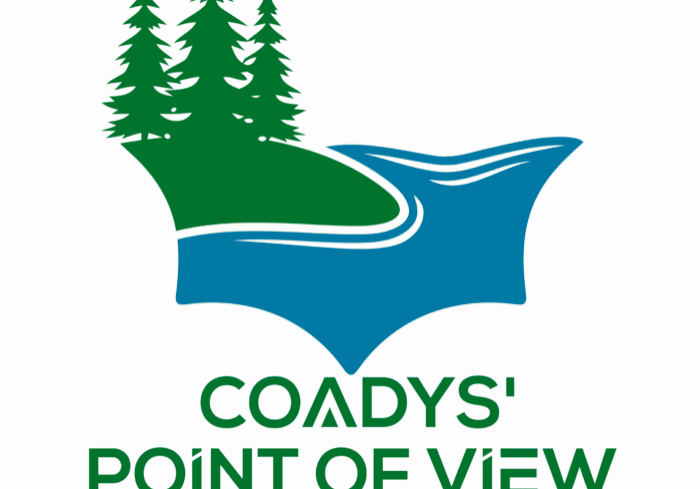 Logo for Coadys' Point of View Lake Resort featuring green trees, a shoreline, and blue water above the resort name in green and blue text, capturing the spirit of lakeside glamping and relaxation.