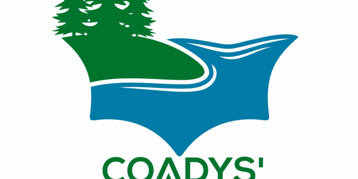 Logo for Coadys' Point of View Lake Resort featuring green trees, a shoreline, and blue water above the resort name in green and blue text, capturing the spirit of lakeside glamping and relaxation.