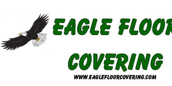 A flying eagle soars next to the green "Eagle Floor Covering" text and website "www.eaglefloorcovering.com" below, highlighting quality floor solutions.