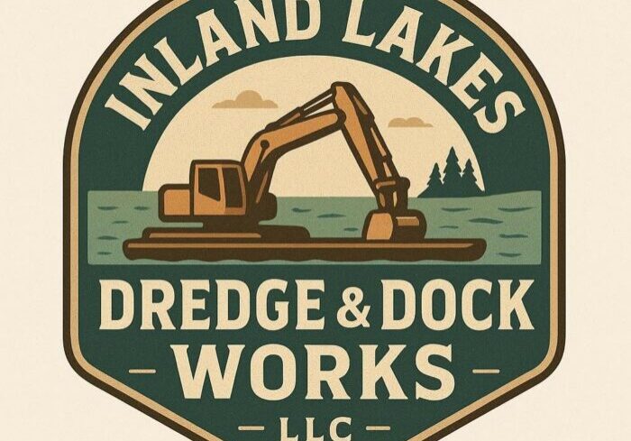 Logo for “Inland Lakes Dredge & Dock Works LLC” featuring an excavator on water with trees and sun in the background.