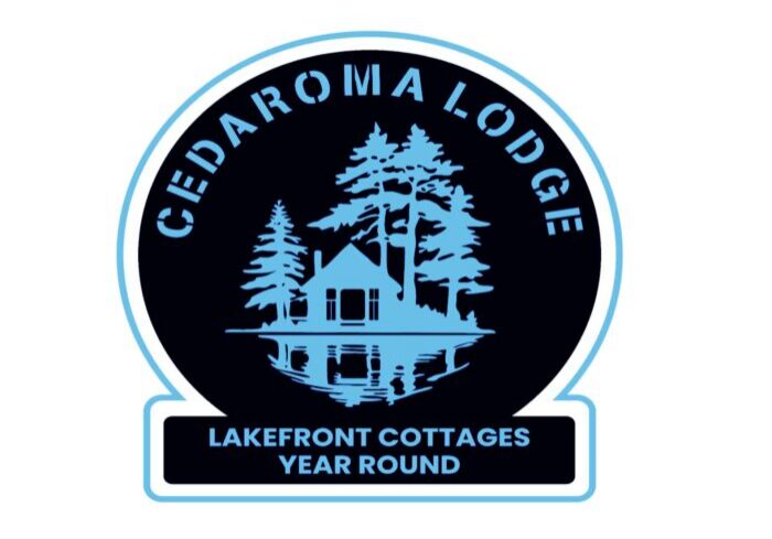 Logo of Cedaroma Lodge, featuring the silhouette of a cabin and trees within a circle, with the text "lakefront cottages year round" below.