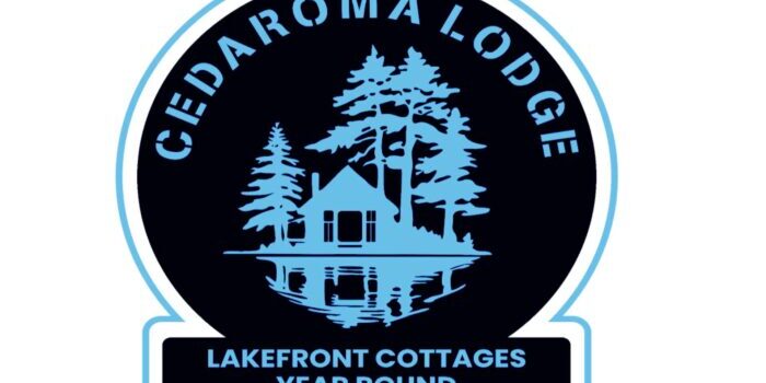 Logo of Cedaroma Lodge, featuring the silhouette of a cabin and trees within a circle, with the text "lakefront cottages year round" below.