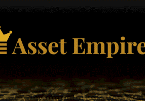 Gold crown icon next to the text 'Asset Empires' in gold lettering on a black background with a faint network pattern at the bottom.