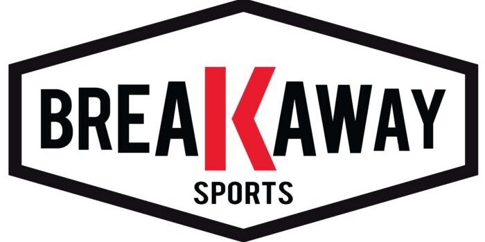 Logo for "Breakaway Sports" with the letter "K" in red and larger font, inside a black hexagonal border.